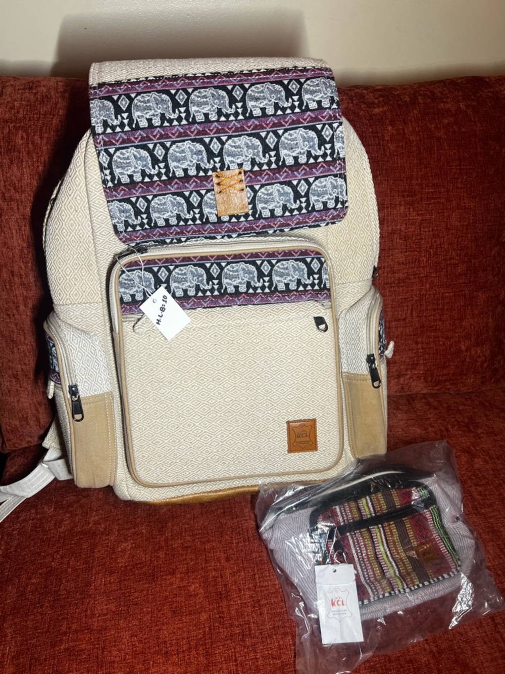 Elephant Print Canvas Backpack in Cream and Purple